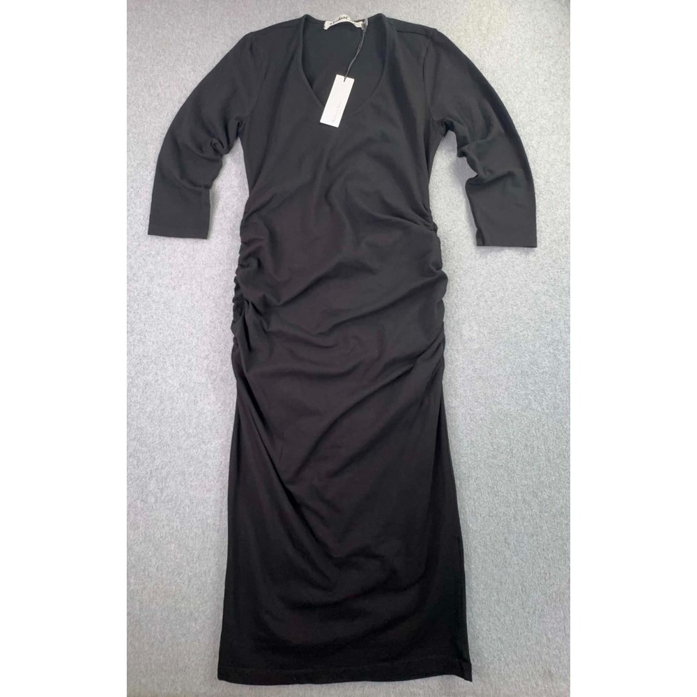 NEW Michael Stars Black Ruched Midi Dress Women's Size MP V Neck 3/4 Sleeve USA